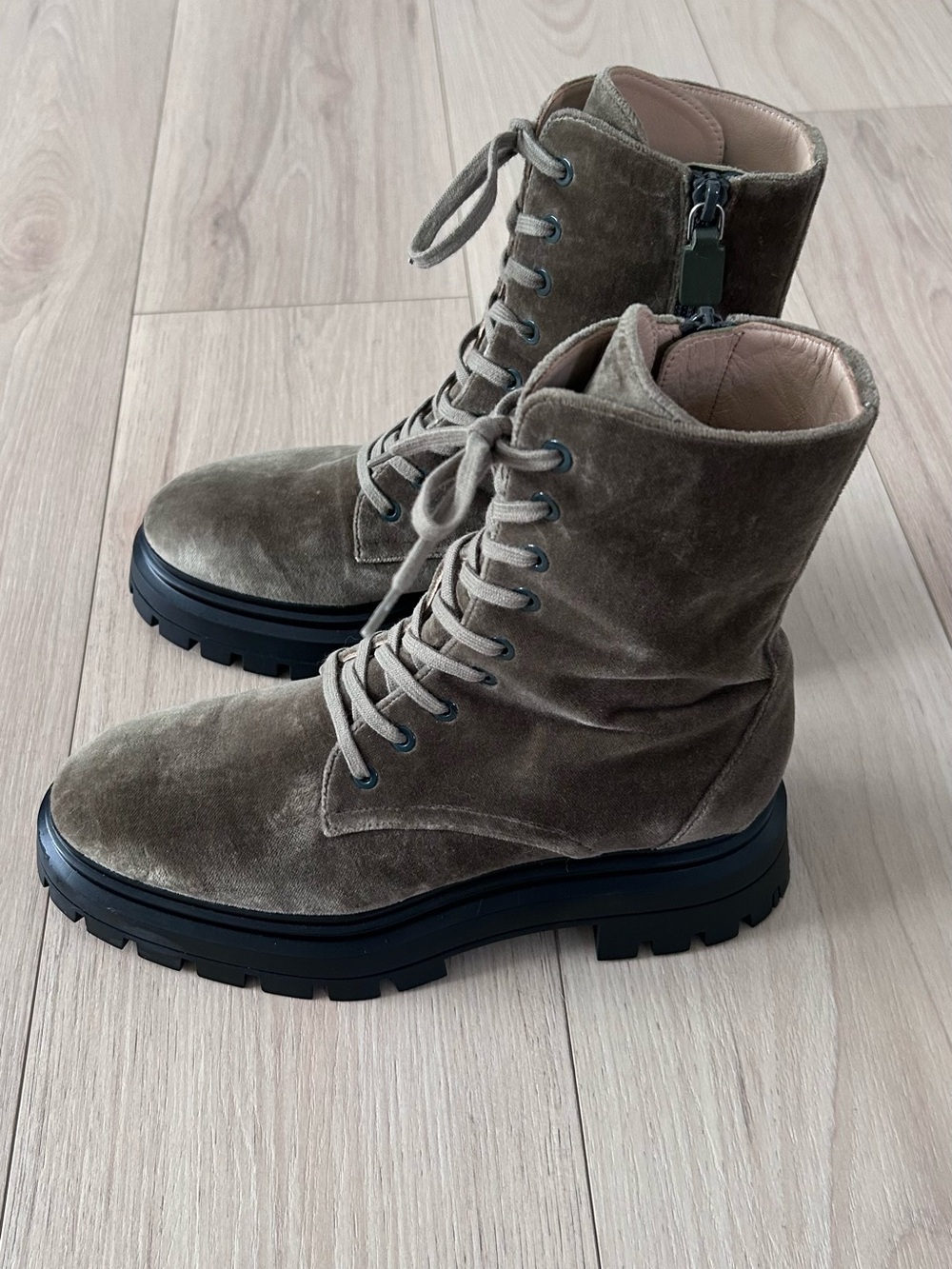 Stuart Weitzman Women’s Velvet Lace- Up Chunky Platform Combat Boots - Picture 2 of 8
